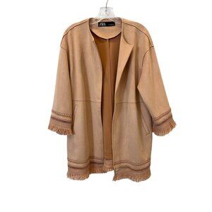 Zara Long Pink Duster Cardigan Jacket 3/4 Sleeves Fringe - Size XS